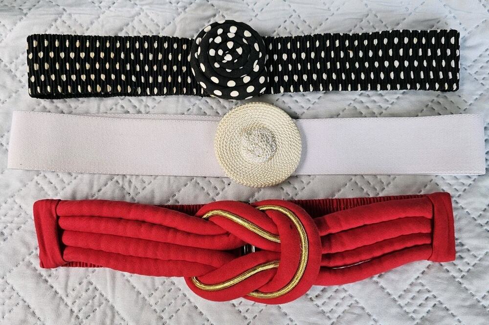 Vintage 80s Rope Elastic Stretch Belts With Buckle Lot Of 3 Polka Dot Wide